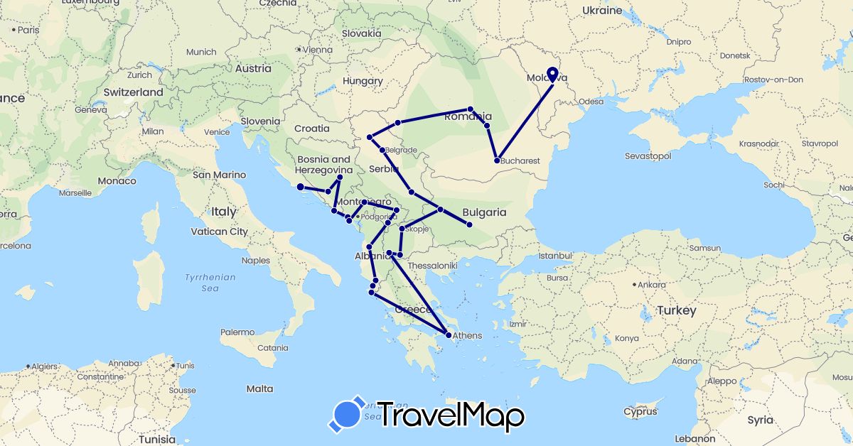 TravelMap itinerary: driving in Albania, Bosnia and Herzegovina, Bulgaria, Greece, Croatia, Moldova, Montenegro, Macedonia, Romania, Serbia, Kosovo (Europe)